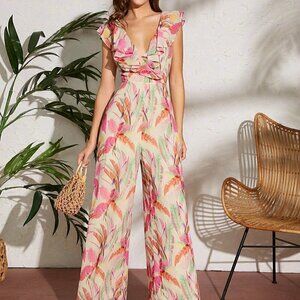 Multicolor Boho Womens Feather Print Ruffle Lace Up Jumpsuit